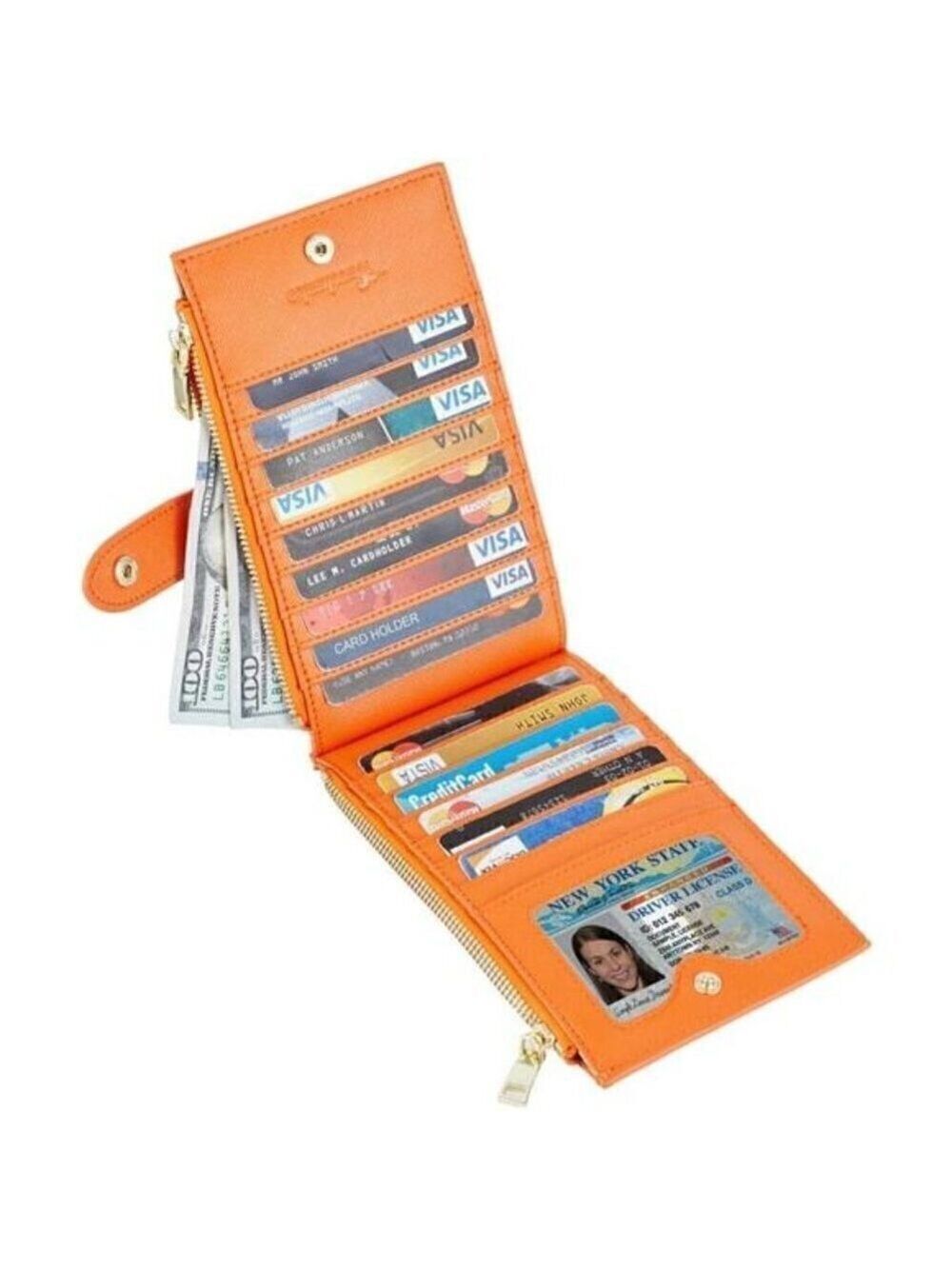 Women's Wallet RFID Blocking Bi fold Multi Card Wallet Zipper Pocket ORANGE NEW
